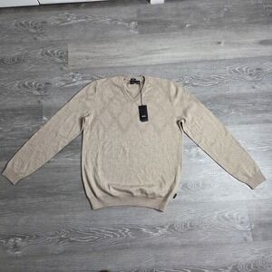 Men's NWT Hugo Boss Beige Extrafine Merino Wool V-Neck Sweater - Slim Fit Large